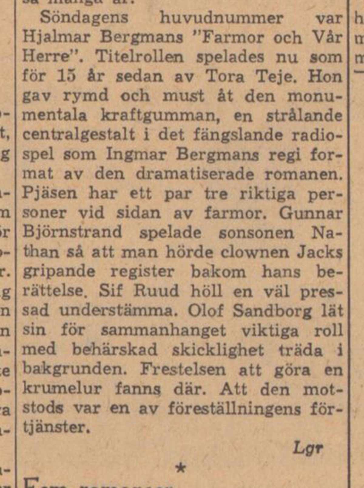 Recension av Ingmar Bergmans uppsättning av Farmor och Vår Herre i Dagens Nyheter